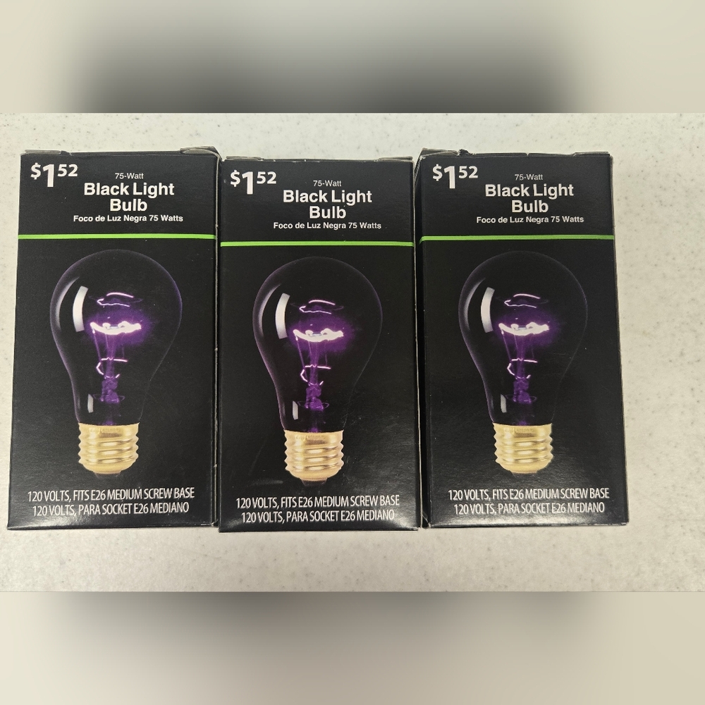 3 Black Light Bulbs. New In Boxes.